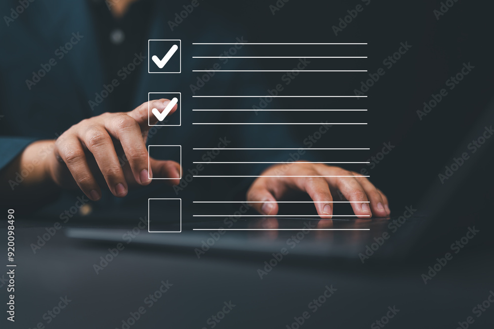 Poster businessman marks checkboxes. the survey form, check marks on a checklist, fill out online form, and
