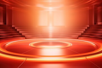 Abstract orange glowing circular stage with steps.