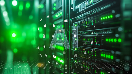 Futuristic server room with a transparent globe and digital information overlays