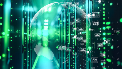 Futuristic server room with a transparent globe and digital information overlays