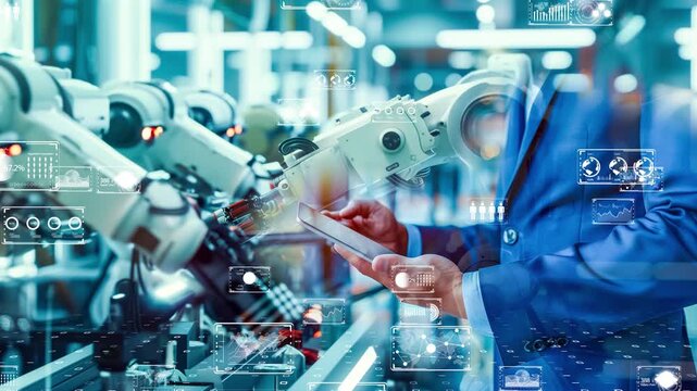 Smart factory with integrated AI systems and robotic arms, digital transformation in manufacturing