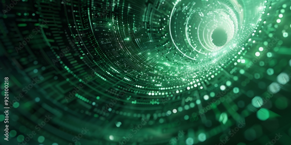 Poster a mesmerizing abstract image of a digital tunnel with vibrant green light patterns and flowing data 