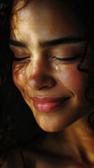 Close-up portrait of a beautiful young woman with a single tear and a smile. Minimal concept of hiding pain behind a smile.
