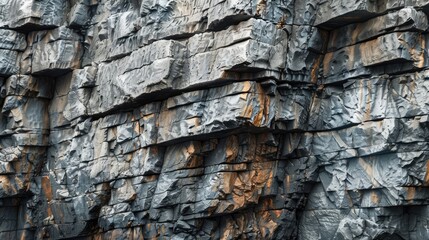 Weathered Cliff with Cracks and Layers, Textured Gray Rock of Mountains for Geology and Mountaineering.