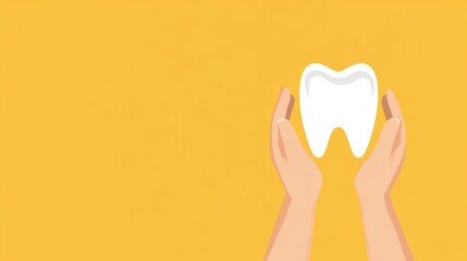 Fototapeta premium Minimalist Hands Holding a Tooth for Dental Insurance Protection on Bright Background with Copy Space