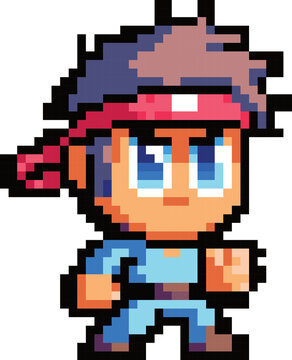 Pixelated Martial Arts Master: A determined pixel art character, a master of martial arts, stands ready for action with a fierce expression and a red headband. His pixelated form evokes a classic retr