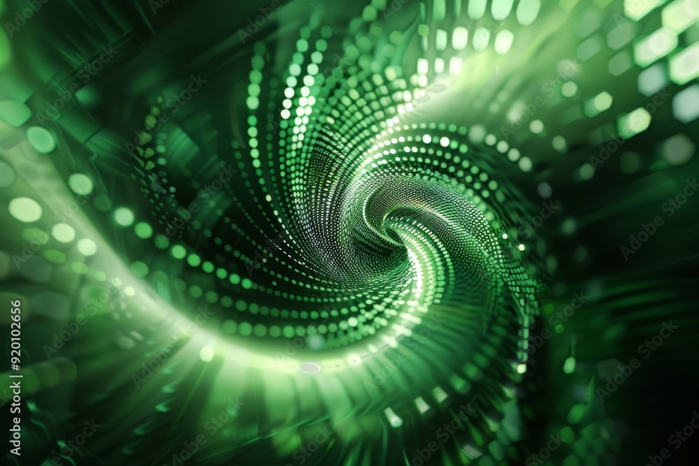 Poster a mesmerizing green spiral design incorporating glowing elements that is ideal for tech and various 