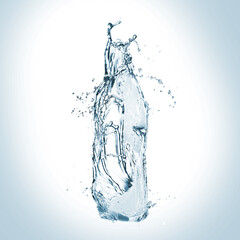 Water splashing in contour of bottle on light blue background
