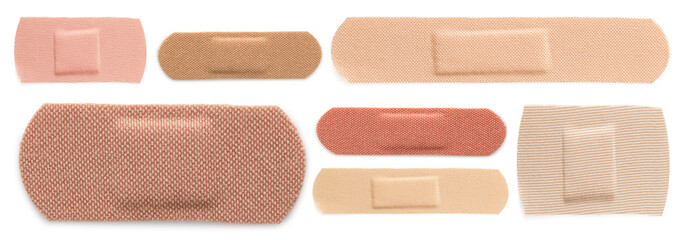 Many different medical plasters isolated on white, set