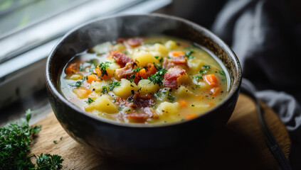 Traditional german potato soup with carrots and bacon 