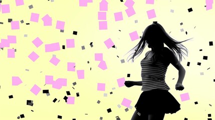 Obraz premium A silhouetted woman dances joyfully amidst floating colorful confetti