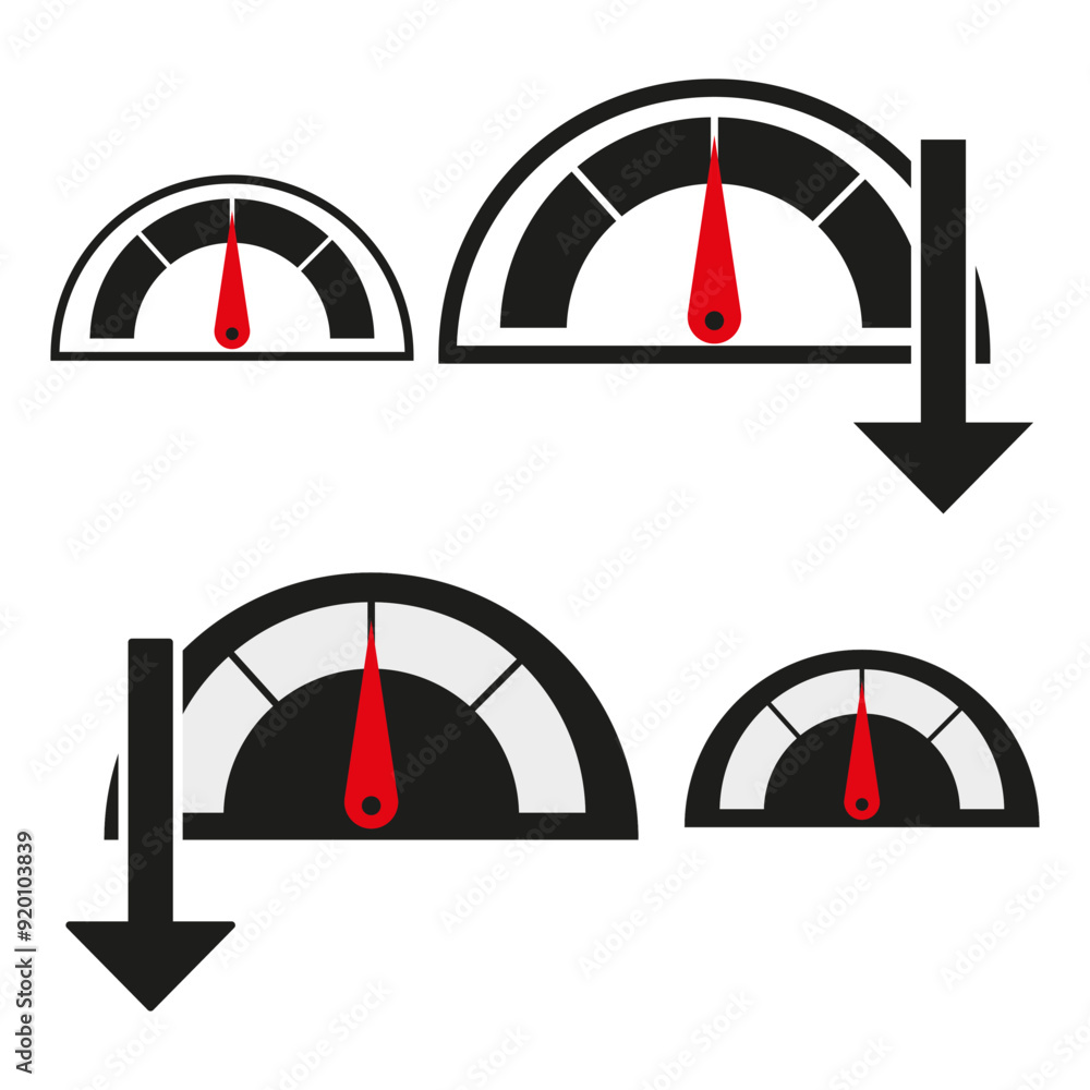 Aufkleber speedometer icon set. red arrow indicator. black and white gauges. simple vector design.