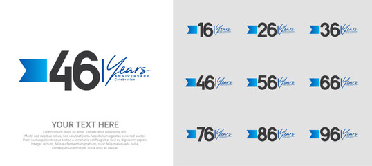 anniversary logotype set. black number and blue ribbon for celebration
