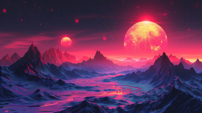 Retro Wave music album cover template featuring a cyberpunk theme with a wireframe landscape background. Perfect for capturing the essence of big data and futuristic aesthetics in music and design.

