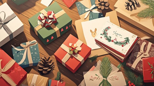 Creative layout of holiday-themed paper with warm, charming illustrations of gifts and cards