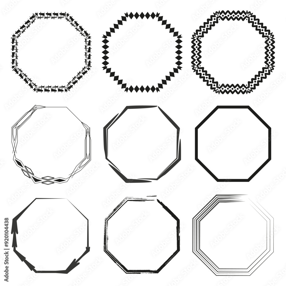 Poster octagonal frames set. nine different octagon borders. black and white vector illustrations. simple g