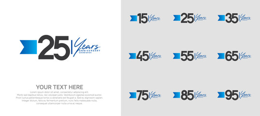 anniversary logotype set. black number and blue ribbon for celebration
