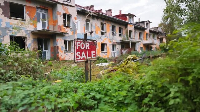 A For Sale sign stands amidst overgrown vegetation in front of dilapidated buildings, showcasing urban decay in an autumn setting.