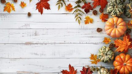 Thanksgiving decoration with pumpkins and maple leaves on a rustic wood