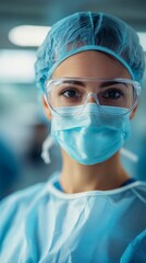 female surgeon wearing surgical suit, face mask and protective glasses