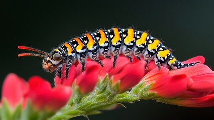 Fototapeta premium Caterpillar on Red Flower, Colorful caterpillar crawling on a bright red bloom, Life in nature.