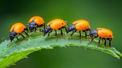 Orange Beetles in Line, Five orange beetles marching on a leaf, Coordinated insects.