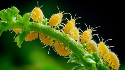Fototapeta premium Yellow Aphids on Stem, Close-up of tiny aphids on a green plant stem, Detailed nature.