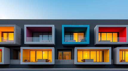 Colorful illuminated windows on modern building facade