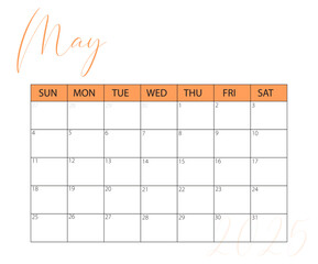 May 2025 Calendar. Vector calendar. Week starts sunday. Calendar template in minimal design
