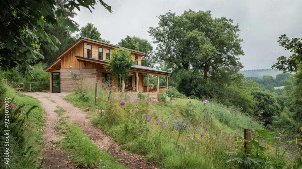 Poster write about the sustainable building materials used in constructing an off-grid house in the uk.