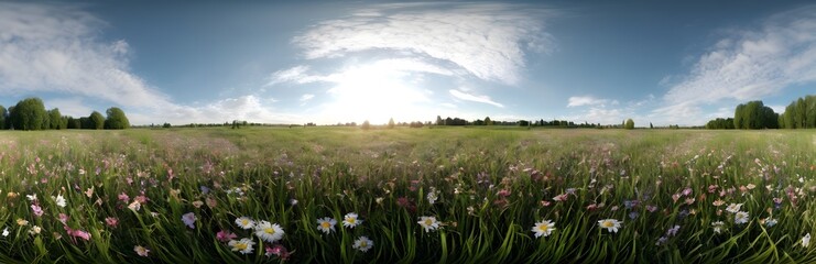360 degree floral field with grass. HDRI spherical panorama.