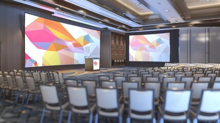 A 3D model of a business conference setup with podium, audience seating, and large projection screens.