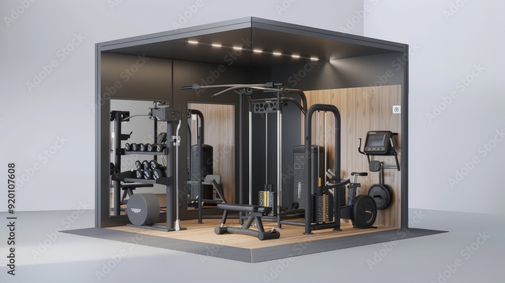 Poster a 3d model of a small yet fully equipped home gym, showcasing the efficient use of space with compac