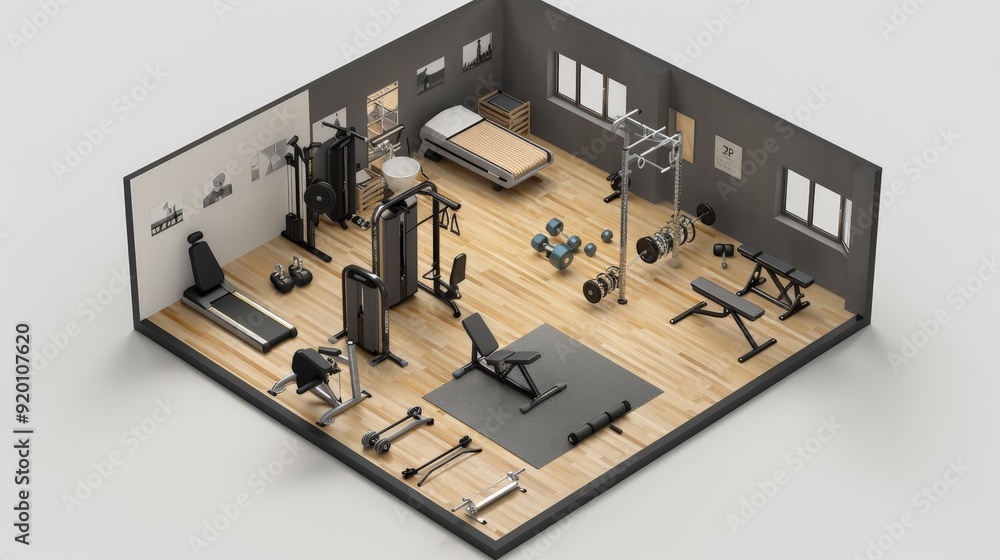 Aufkleber a 3d model of a small yet fully equipped home gym, showcasing the efficient use of space with compac