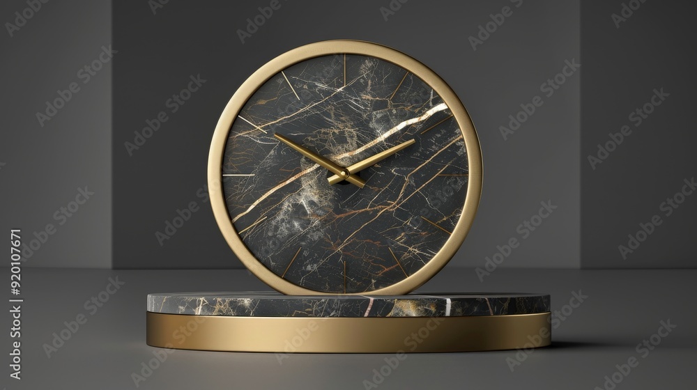 Poster a 3d model of an elegant table clock with a marble base and brass accents, adding a touch of sophist