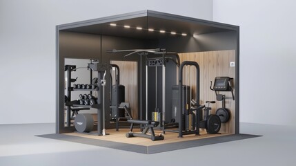 A 3D model of a small yet fully equipped home gym, showcasing the efficient use of space with compact and versatile equipment.