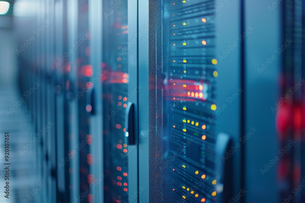 Poster a cuttingedge modern data center featuring rows of sleek server racks illuminated by vibrant led ind