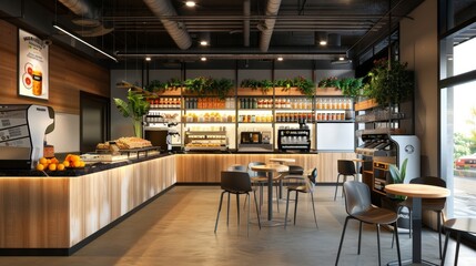 A 3D visualization of a gym area, offering a place for members to relax and refuel with healthy snacks and beverages post-workout.