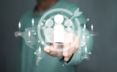CRM, Customer Relationship Management. Businessman touching human icon with aim target. global structure customer network technology. Customer service, Social media, Digital marketing online, HR, HRM,