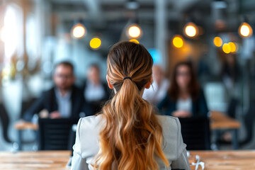Businesswoman Facing Interview Panel in Modern Office Setting with Warm Lighting