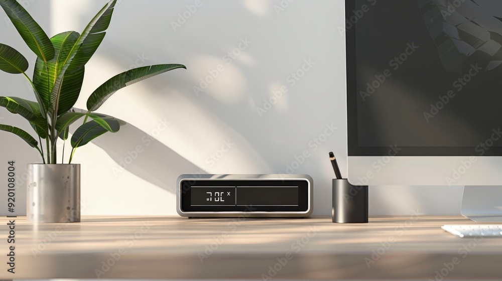Poster a 3d-rendered desk clock with a sleek metal frame and an easy-to-read digital display, ideal for mod