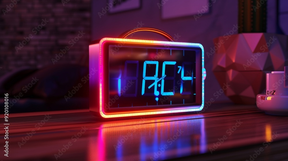 Poster a 3d-rendered digital clock with a colorful, customizable led display, perfect for tech enthusiasts.