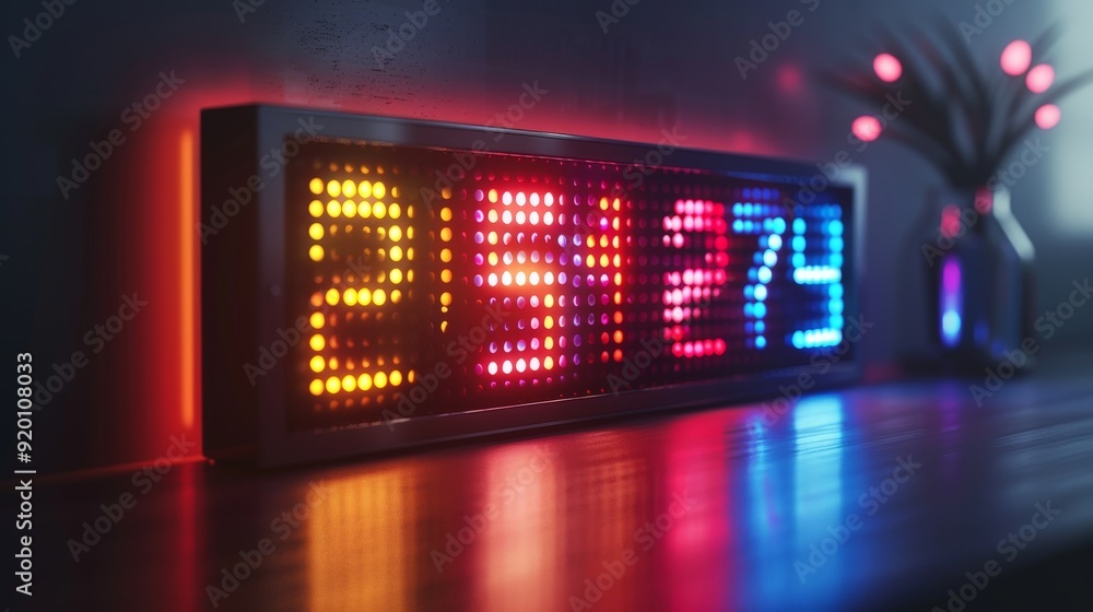 Poster a 3d-rendered digital clock with a colorful, customizable led display, perfect for tech enthusiasts.