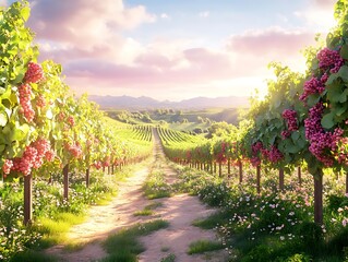 Naklejka premium Vineyard Landscape Illustration with Sunset and Lush Green Vines