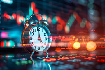 Vintage Alarm Clock on Stock Market Data Background with Colorful Light Streaks Representing Financial Trends and Time Management