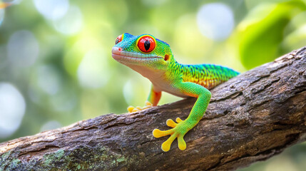 Obraz premium Detailed view of a Madagascar Giant Day Gecko (Phelsuma grandis) resting on a tree branch, highlighting its vivid green coloration and distinctive markings. A striking example 