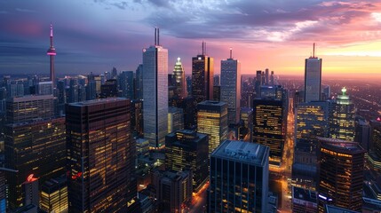 Fototapeta premium A city at dusk, with the sun setting behind a skyline of imposing skyscrapers.