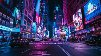 Fototapeta premium A city street at night, illuminated by the glow of neon signs and streetlights.