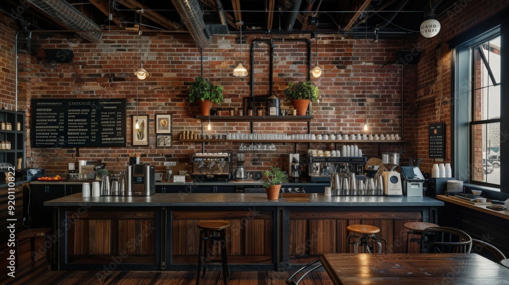 Wall mural A coffee shop interior with exposed brick walls, industrial lighting, and a cozy atmosphere.