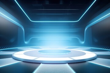 Naklejka premium Futuristic circular stage with blue neon lights.